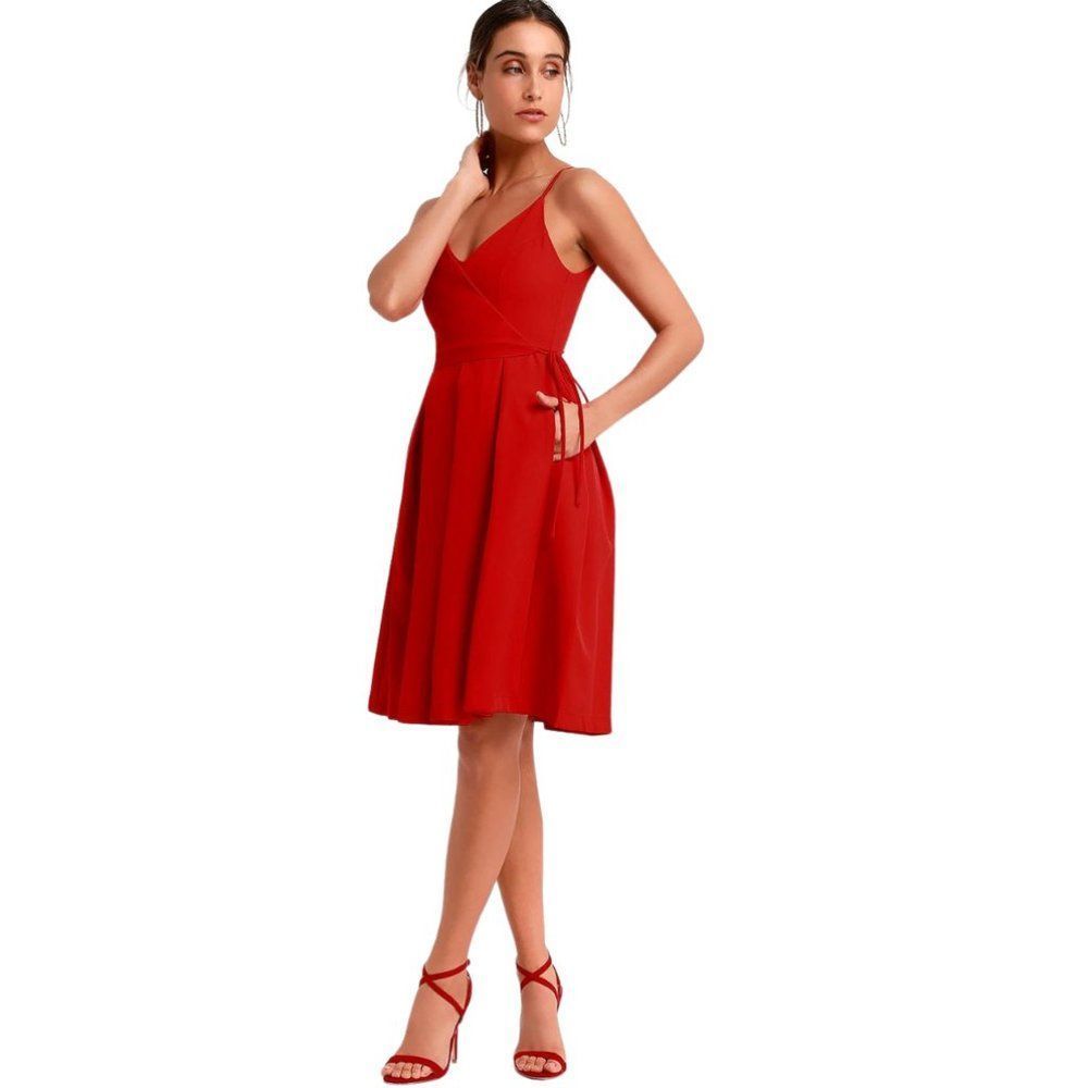 Lulus womens classic Red Pleated Faux Wrap Midi Skater Dress